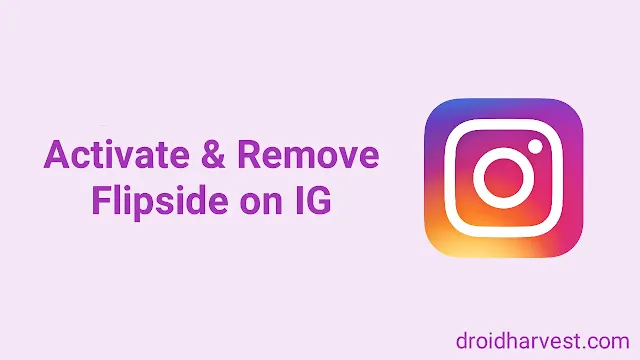 Image of Instagram logo with the text "Activate and Remove Flipside on IG" next to it on a light purple background.