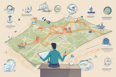 Performance Tracking: Navigating the SEO Journey" Alt Text: "Illustration of a person analyzing a map with SEO landmarks, representing tracking and navigating the journey of SEO performance
