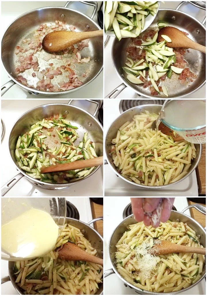 Preparación de la pasta penne con calabacín a la carbonara paso a paso