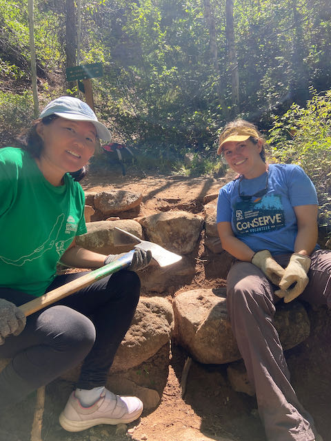 Irina and Sarah on new built rock stairs on trail