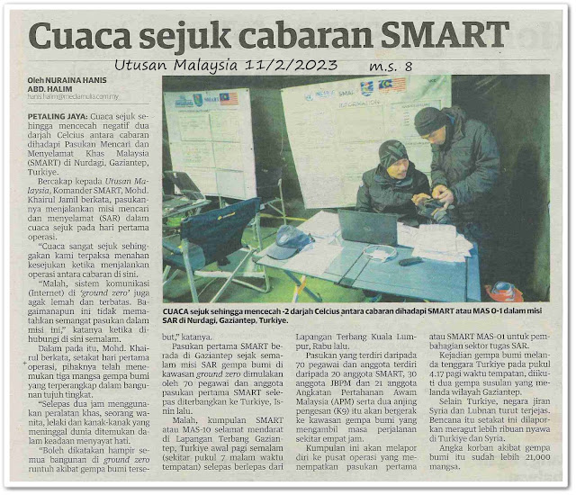 Cuaca sejuk cabaran SMART - Keratan akhbar Utusan Malaysia 11 Februari 2023