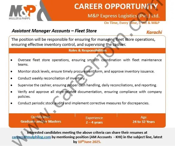 M&P Express Logistics (Pvt) Ltd Assistant Manager Accounts Jobs In Karachi 2025