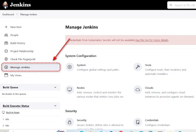New code button in settings page. Access it through Jenkins dashboard by navigating to "Manage Jenkins."