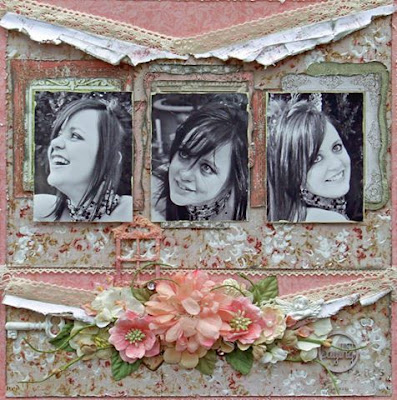 Scraps of Elegance scrapbook kits: Pink multi photo shabby chic layout by Patricia Basson, created with our July kit.