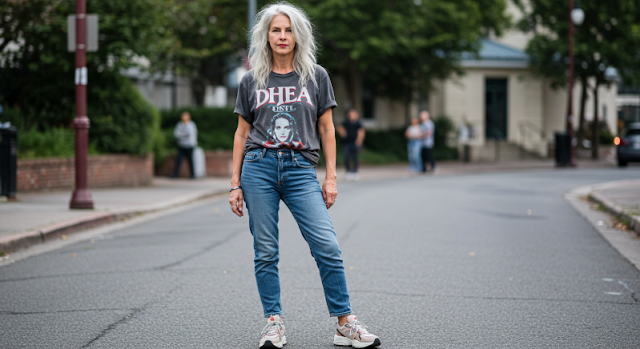 A confident older woman with long silver hair standing in the middle of a city street, wearing a graphic DHEA t-shirt, symbolizing vitality and the fight against aging hormones