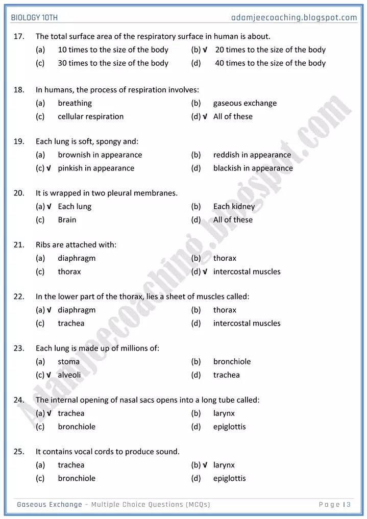 gaseous-exchange-mcqs-biology-10th