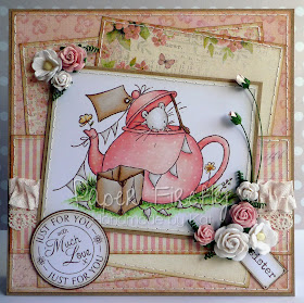 Vintage style pink birthday card with cute image of mouse in teapot