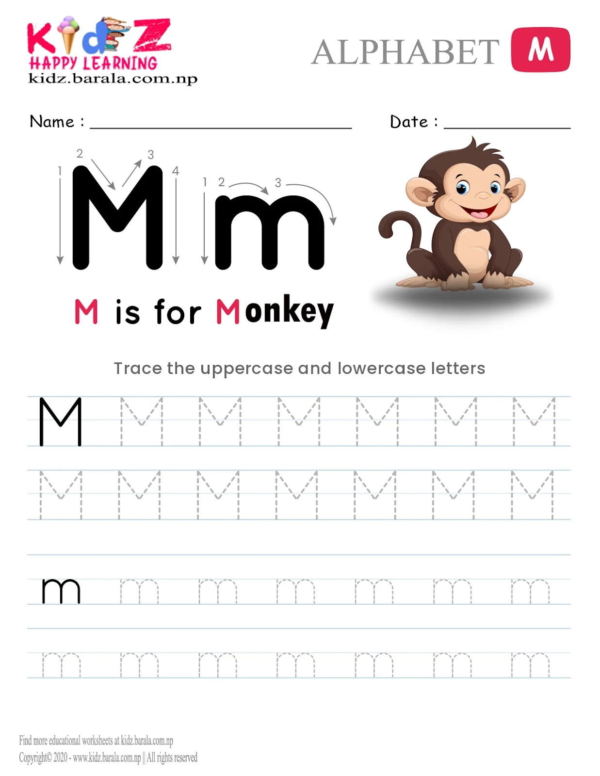 Alphabet M tracing worksheet free download .pdf