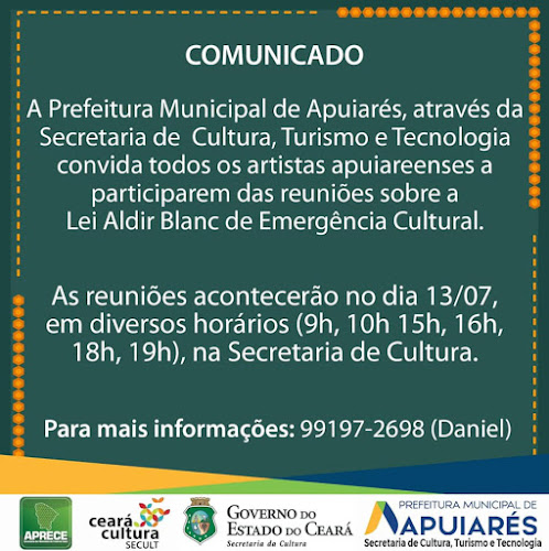 APUIARÉS: PREFEITURA CONVOCA ARTISTAS  PARA PARTICIPAR DE REUNIÃO PARA TRATAR DE AUXÍLIO EMERGENCIAL ESTIPULADO PELA LEI ALDIR BLANC