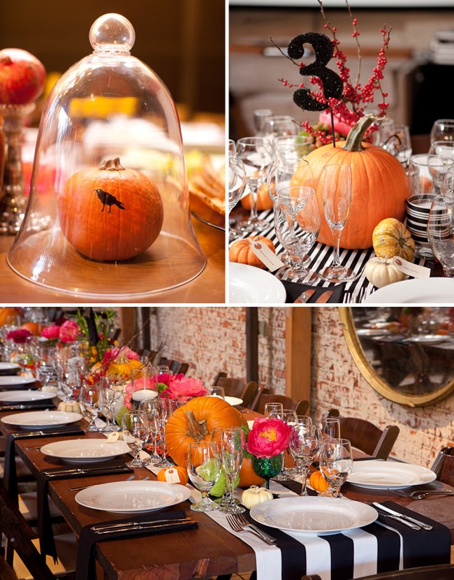 The nod to Halloween comes through pumpkin and gourd accents and fabulous