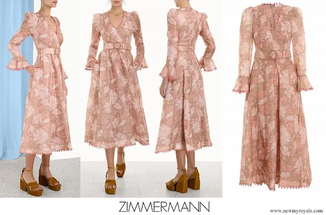 Crown Princess Mary wore ZIMMERMANN Kaleidoscope belted embellished floral print linen and silk blend midi dress