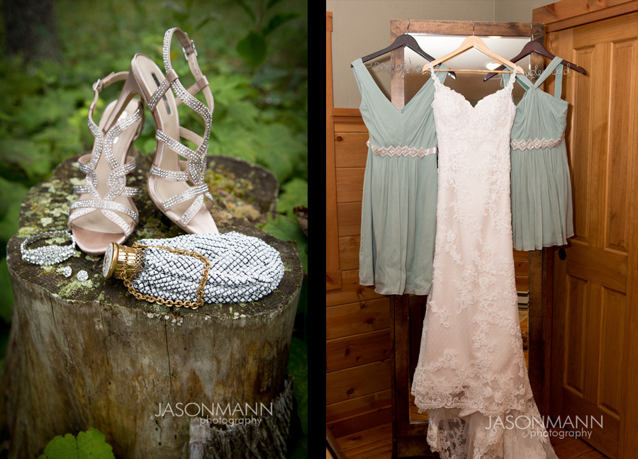 Silver sparkly shoes, jewelry and purse. Lace wedding dress and teal bridesmaid dresses. Door County wedding. Photo by Jason Mann Photography, 920-246-8106, www.jmannphoto.com