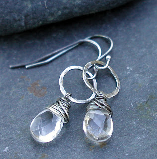 Handmade earrings with Rock Crystal gemstones and hand hammered sterling silver