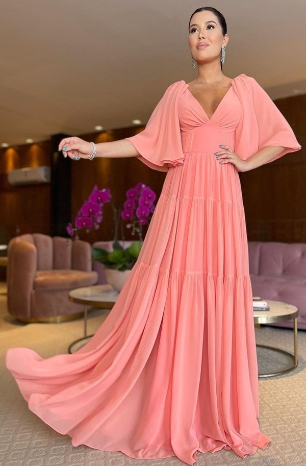 vestido de festa longo rose com manga removível
