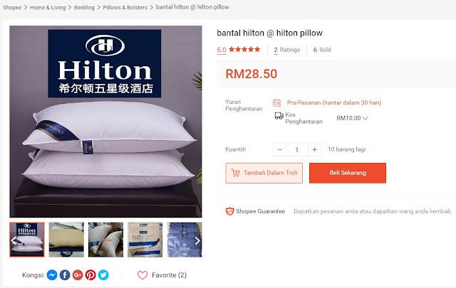 Peniaga B jual Bantal Hotel Hilton di Shopee pada harga RM28.50 seunit