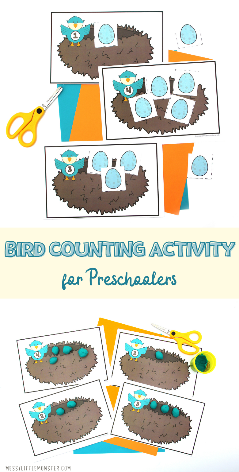 Counting activity for preschoolers. Bird activity for learning to count. Printable counting worksheet.