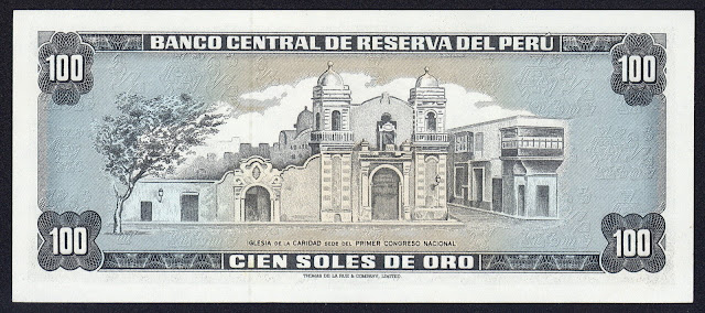Peru money currency 100 Soles de Oro banknote 1975 Caridad Church