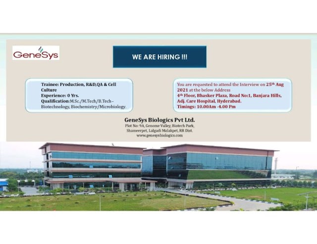 Genesys Bio | Hiring Freshers and Expd on 25th Aug 2021