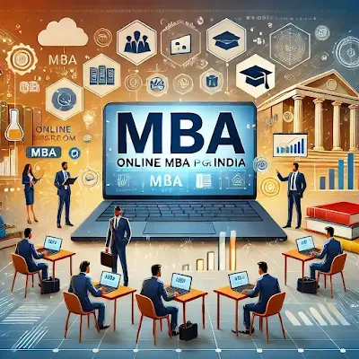 A professional digital illustration representing Online MBA Programs in India. The image features the text 'MBA' prominently displayed, along with a laptop showing an online classroom, students engaging in virtual learning, and business-related icons such as charts, graphs, and books. The background includes an abstract representation of Indian universities, creating a modern, professional, and educational atmosphere.