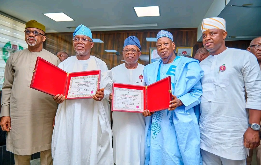 Governor-Elect of Ondo State, Lucky Aiyedatiwa, alongside his Deputy, Olayide Adelami, receive their Certificates of Return at INEC Headquarters