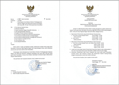 Surat Edaran MENPANRB Tentang Jam Kerja ASN PNS TNI POLRI Selama Bulan Ramadhan 2018 (1439 H)