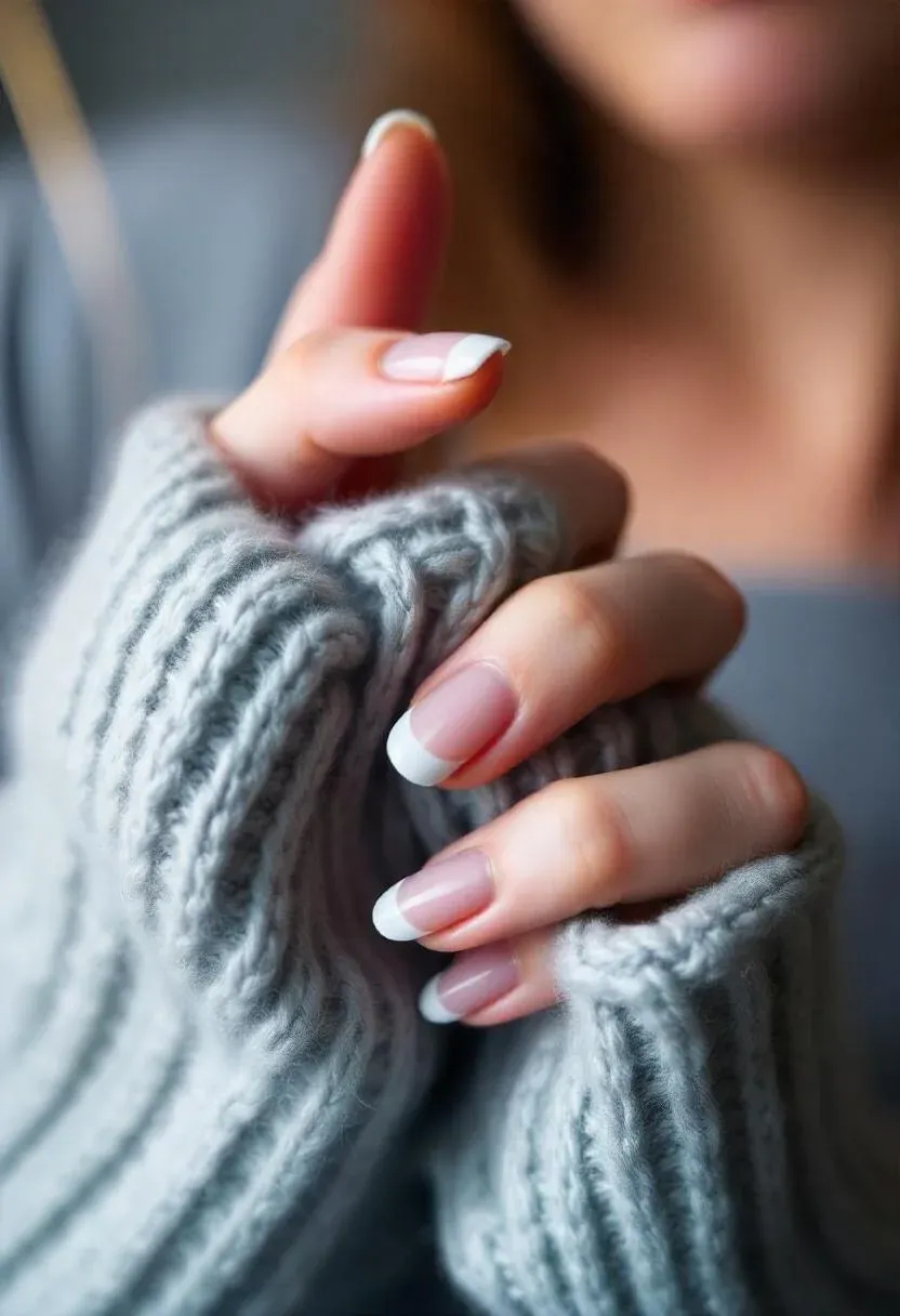 A chic set of micro French tips, showcasing the delicate white lines on natural nails.