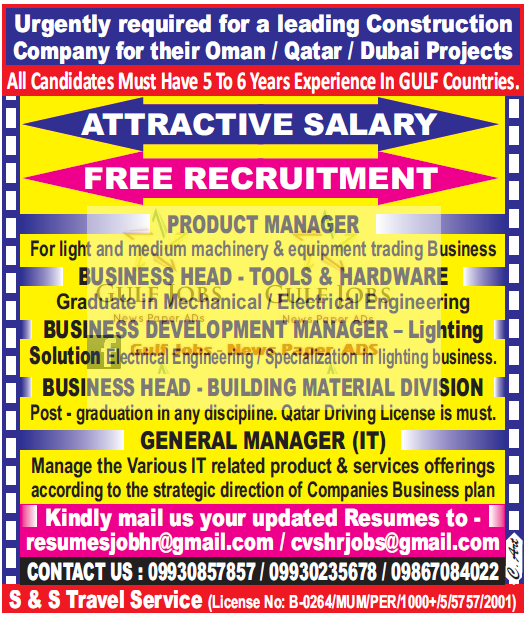 Leading construction co jobs for Oman, Qatar & Dubai - free recruitment