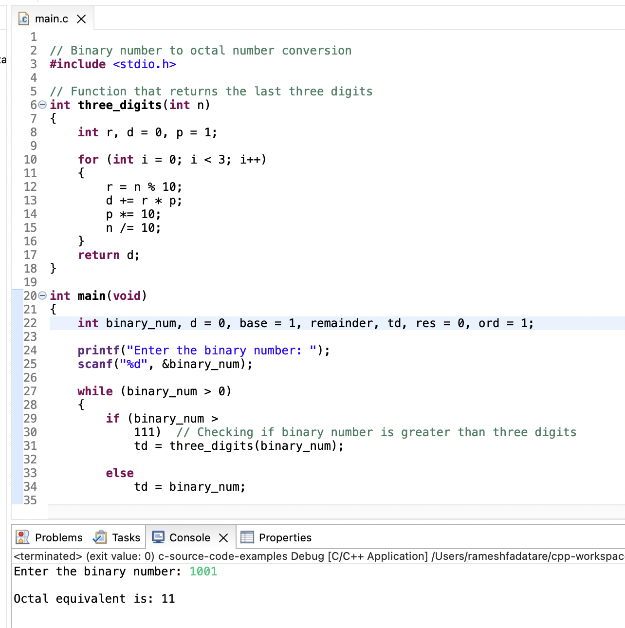 Convert Binary to Octal in C