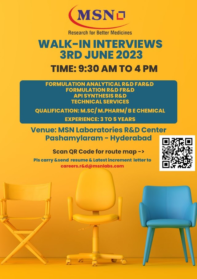 MSN Laboratories | Walk-in interview for Regulatory Affairs and R&D on 3rd June 2023