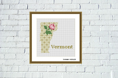 Vermont USA state map flower ornament cross stitch pattern, Tango Stitch