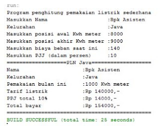  Berikut ini ialah kegiatan untuk menghitung pemakaian daya listrik di rumah tangga secara Source Code Java: Menghitung Pemakaian Daya Listrik Di Rumah Tangga secara Sederhana