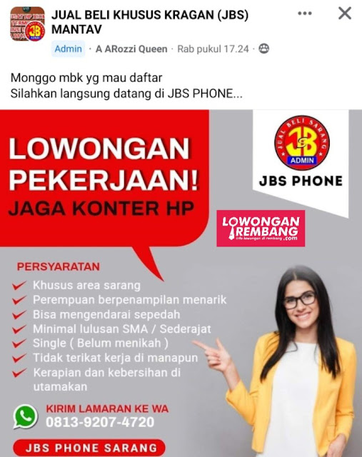 Lowongan Kerja Pegawai Jaga Konter HP JBS Phone Sarang Rembang