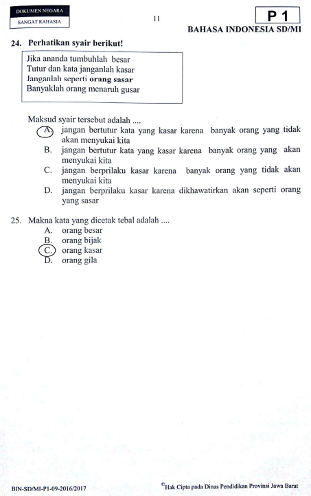  SOAL  DAN JAWABAN LATIHAN USBN BAHASA  INDONESIA  SD TAHUN 