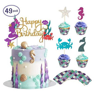 49 Pack Mermaid Cake Topper, Cupcake Toppers and Cupcake Wrappers Kit| Cake Decoration Set for Little Mermaid Party Theme, Baby Shower,1st Girls Birthday| Mermaid Party Supplies by Bestus. New Design 
