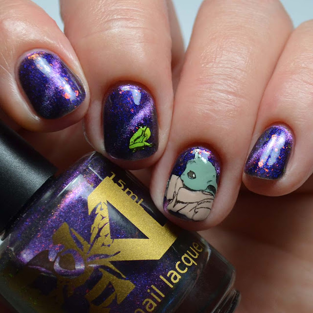 purple magnetic nail polish with baby yoda and frog nail art stamping