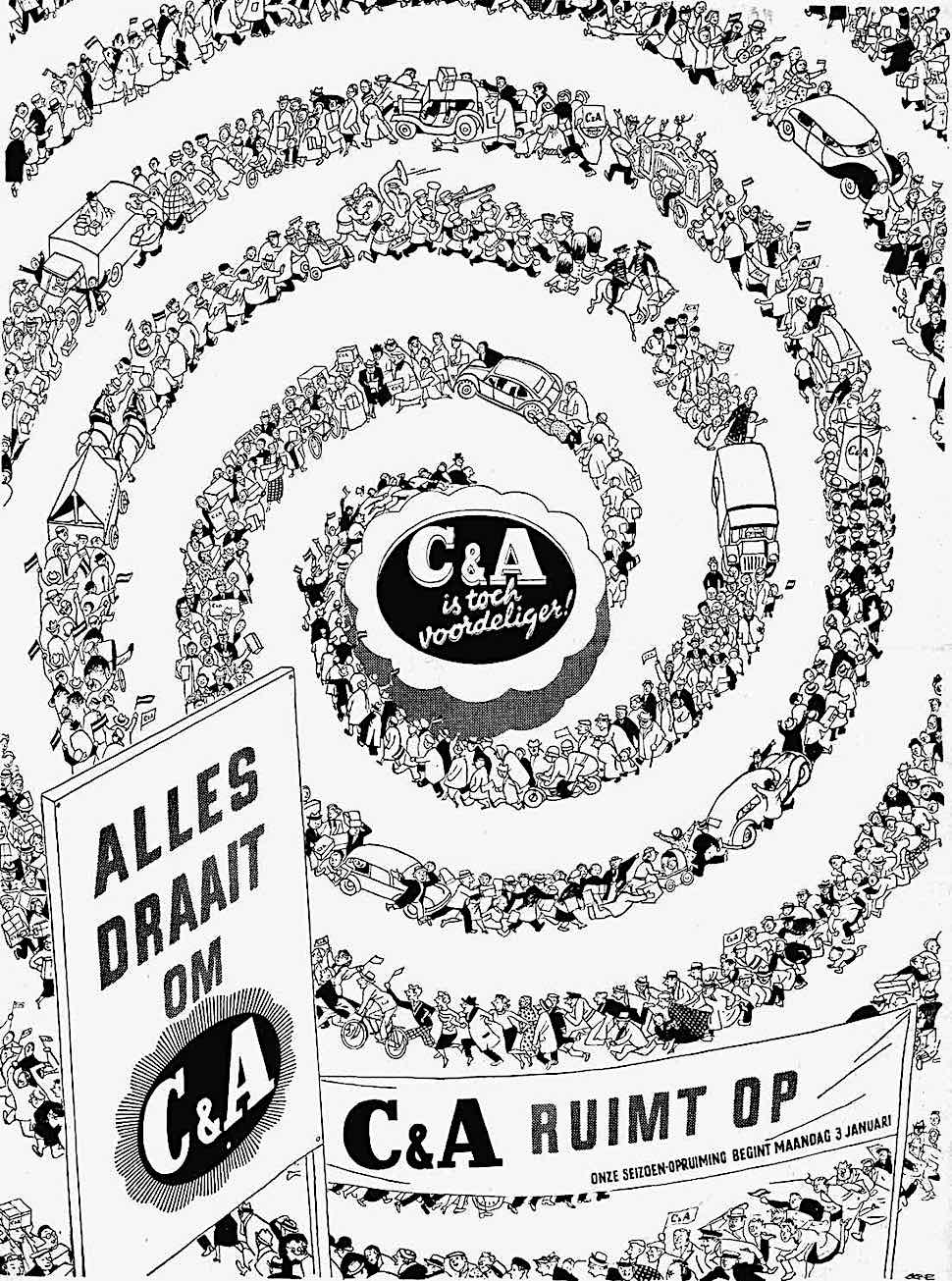 an advertising illustration by Eppo Doeve, C&A customers in a long spiral line