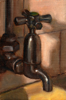 Oil painting of a mid-twentieth-century chrome-plated tap.