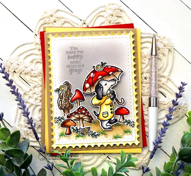 You Make me Happy Card by Larissa Heskett for Newton's Nook Designs using Rainy Day Doxie Stamp Set, Fabulous Fungus Stamp Set, Destination Love Stamp Set, Frameworks Die Set and Spring Blooms Patterned Paper Pad