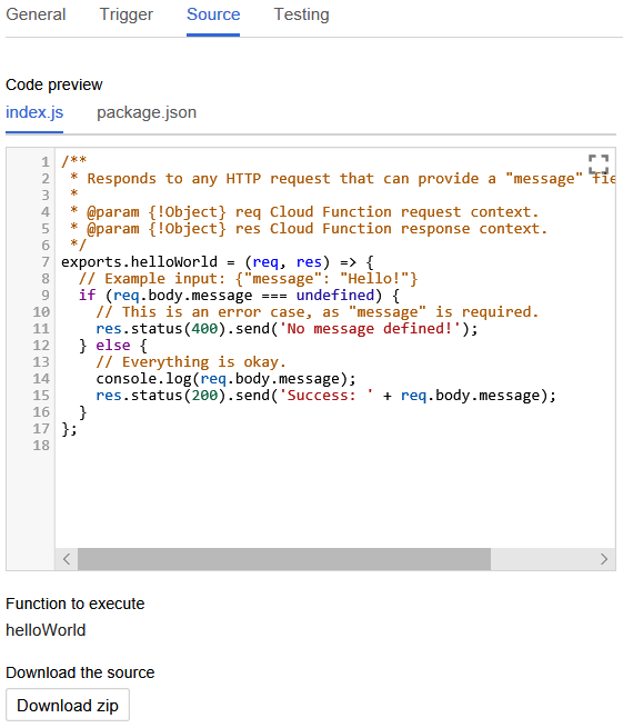 'Source' tab with function code