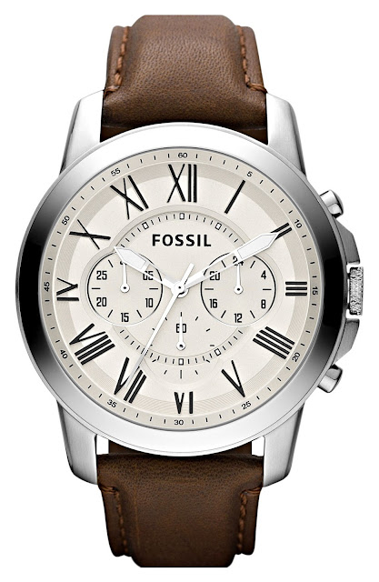  Fossil 'Grant' Round Chronograph Leather Strap Watch, 44mm