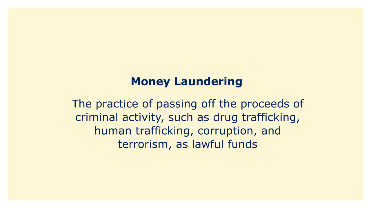 The practice of passing off the proceeds of criminal activity, such as drug trafficking, human trafficking, corruption, and terrorism, as lawful funds.