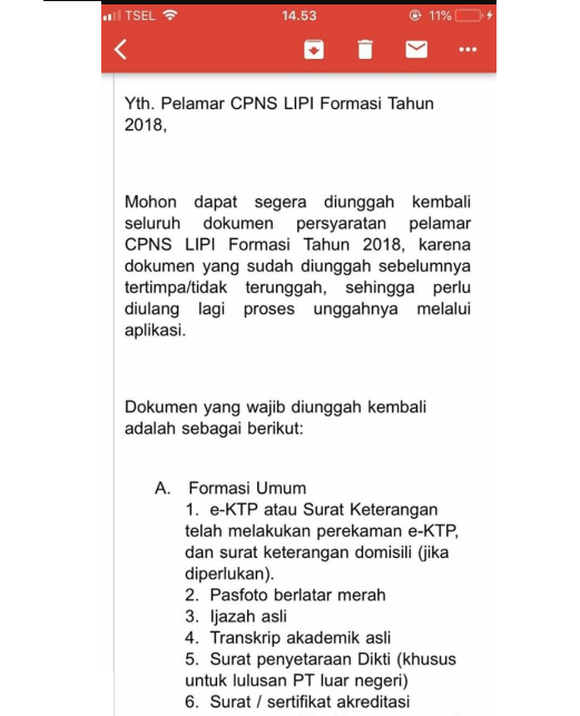 Pelamar CPNS LIPI yang Mendapat Email Notifikasi dari BKN [Wajib Kirim Dokumen Ulang]