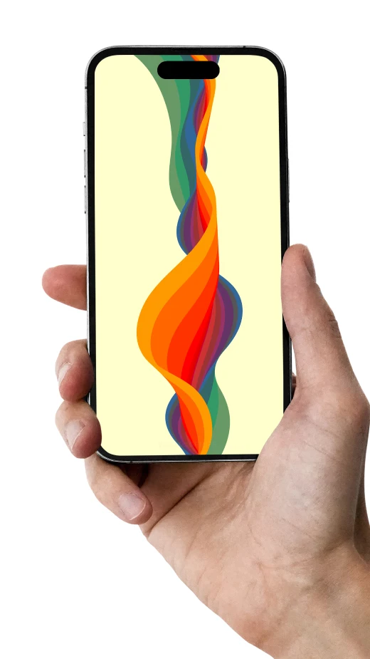 Vibrant abstract wallpaper with flowing wavy lines in a spectrum of colors including orange, green, blue, and purple for modern phone screens
