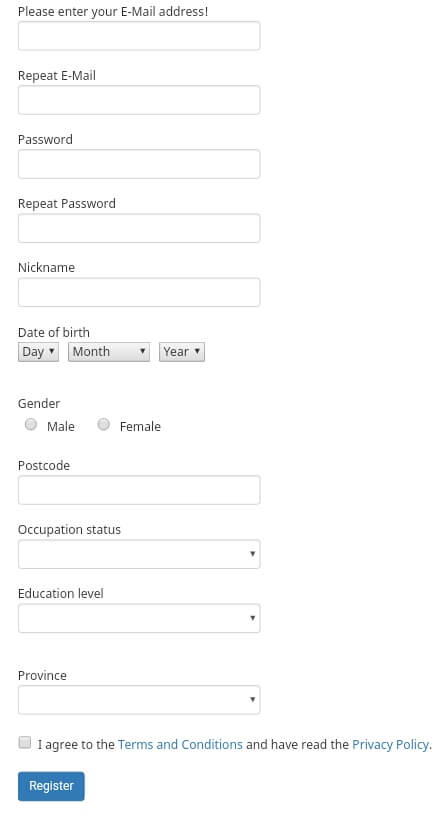 Lengkapi Formulir pendaftaran yang diminta.  Isilah Formulir pendaftaran dengan benar sesuai data Anda, jika sudah klik "i agree to..." dan pilih "Register".