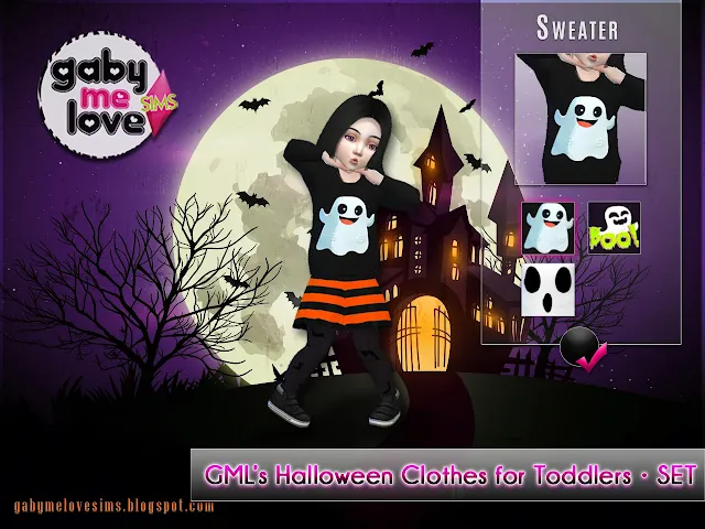 Gabymelove Sims | Sims 4 CC | Clothing: GML’s Halloween Clothes for Toddlers • SET | download, mod, ropa, terror, horror, fantasma, ghost, calavera, skull, muerte, murciélago, vampire, vampiro, death, infantes, niña, girl, boy, niño, Infant, children, child, skirt, falda, pants, pantalón, legging, medias, pantys, outfit, suéter, sweater, sweatshirt