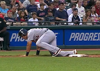 Miguel Cabrera trips over third base