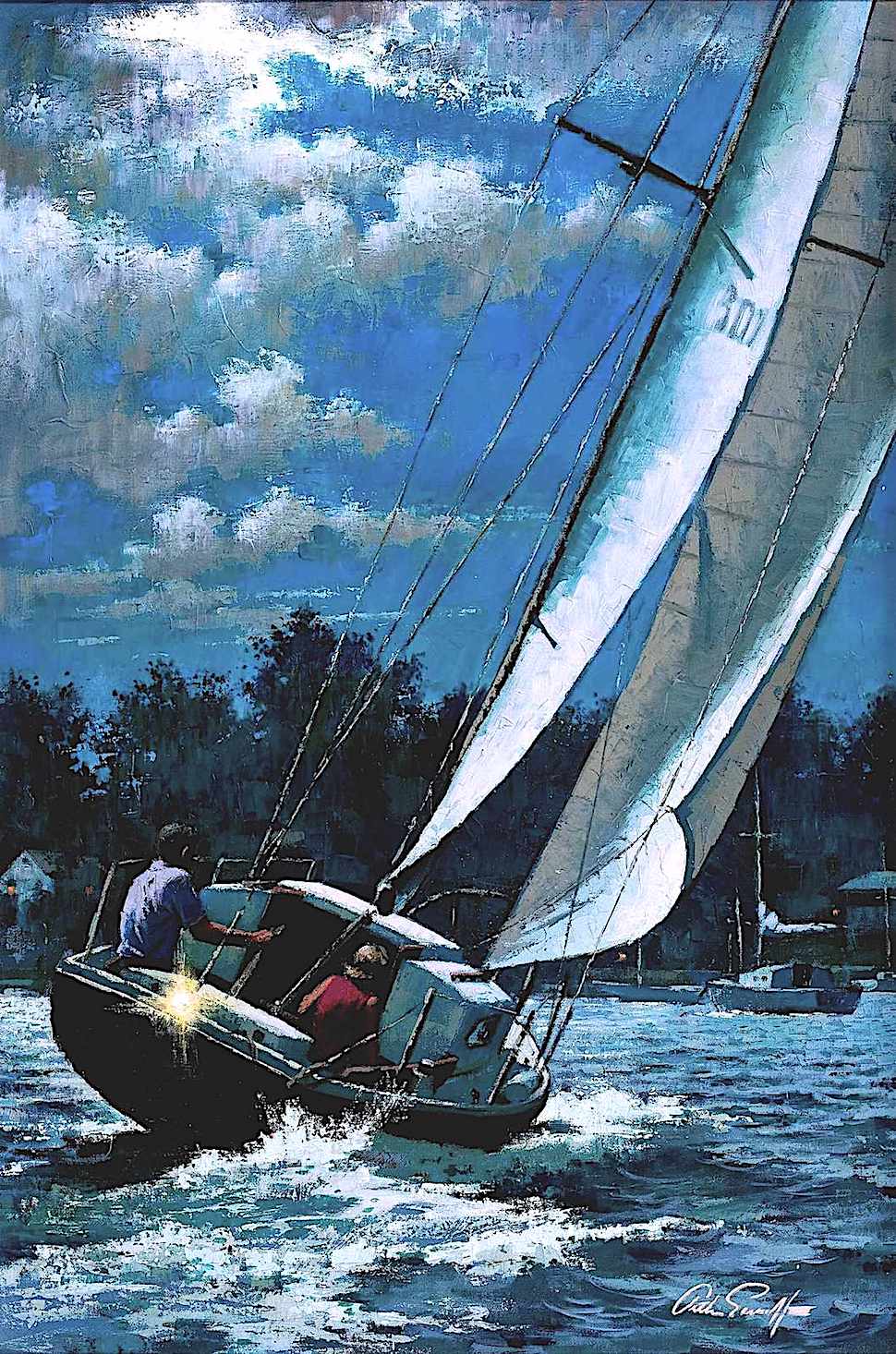 an Arthur Saron Sarnoff illustration of a sailboat in moonlight