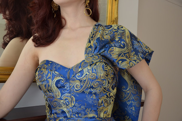 Blue and gold brocade cape dress 1950s vintage style tiki sash wiggle dress boned bodice sewing pattern retro rockabilly dressmaking