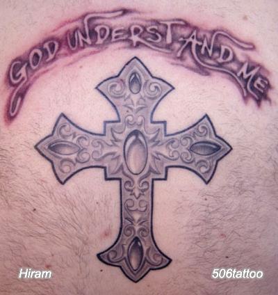 Wings, flames and cross on upper back. Cool Cross Tattoo Designs Ideas