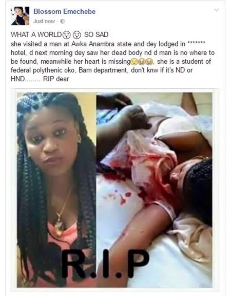 OMG!!! See Face of Student Murdered in a Hotel with Heart Missing After Visiting a Stranger From School (Photos)